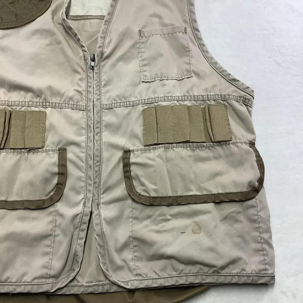 Saf-T-Bak Vest Mens Medium Beige Canvas Quilted Hunting Full Zip Pockets USA